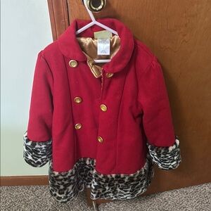 Warm Red Kids Girls Coat with Leopard Trim